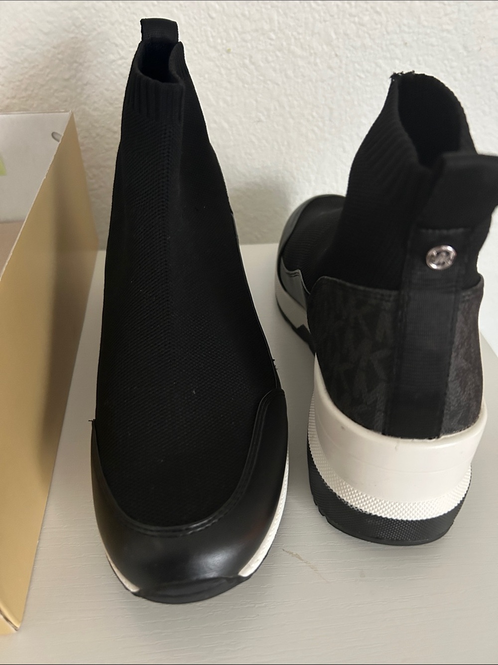 MICHAEL Michael Kors Black Over-the-Knee Sock Boots with Logo Heel